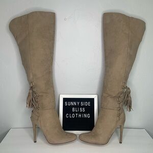 Shoe Dazzle Faux Brown Suede Stiletto Boots W/ Lace Up Backs & Tassels Size 7.5